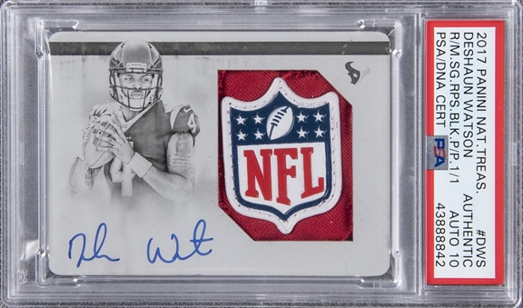 2017 Panini National Treasures Rookie Material Signatures Black Printing Plate #DWS Deshaun Watson Signed NFL Shield Patch Rookie Card (#1/1) – PSA Authentic, PSA/DNA 10